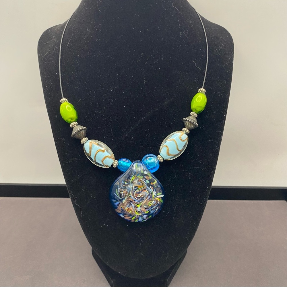 Handcrafted Blue & Green Glass Pendant Necklace - Women Jewelry